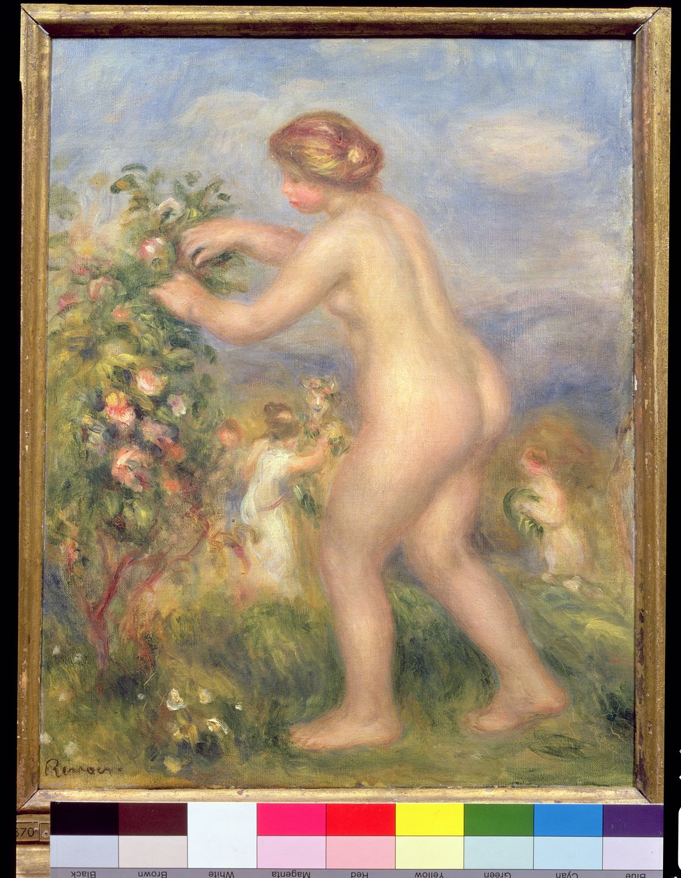 Naken kvinna plockar blommor av Pierre Auguste Renoir