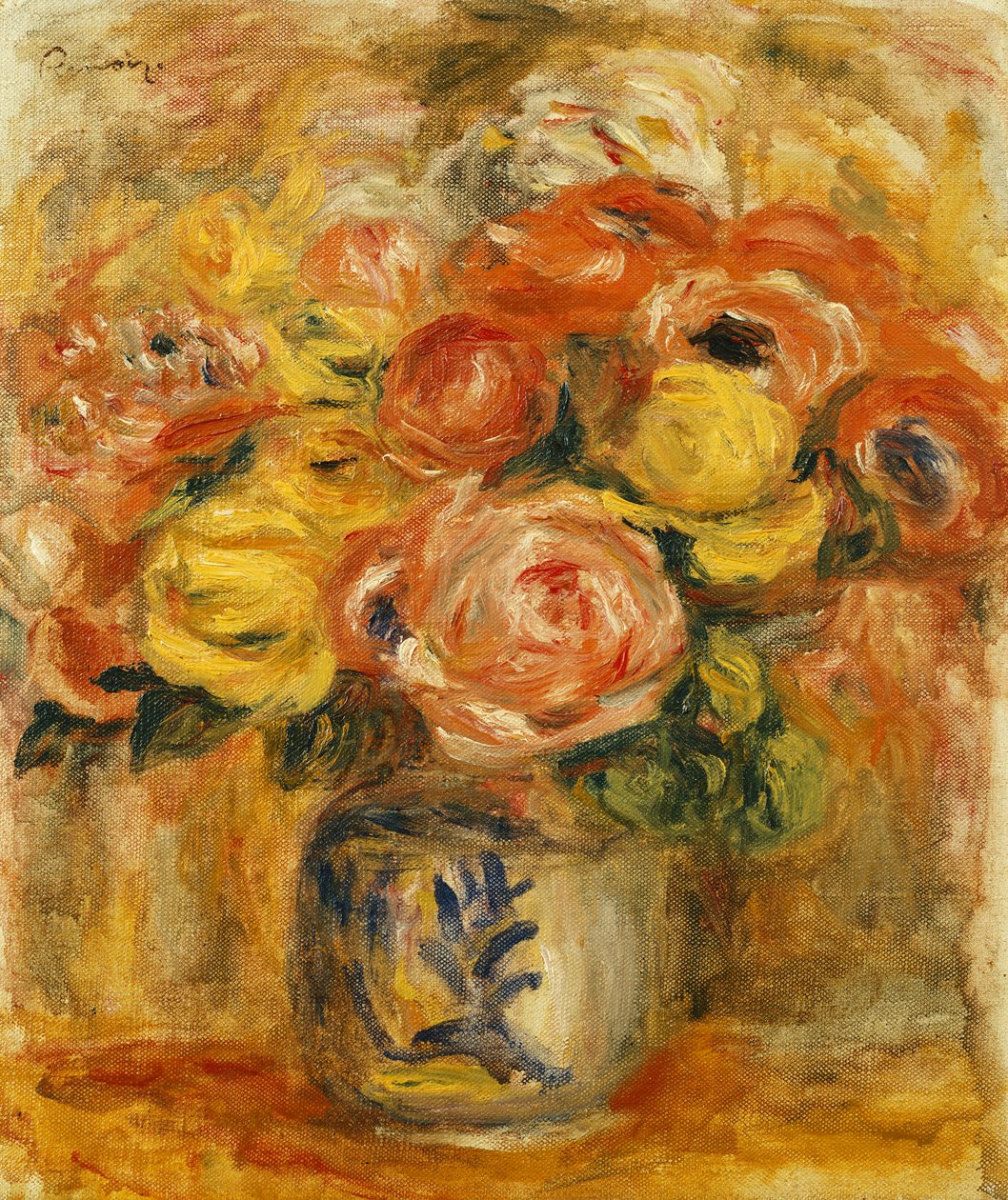 Blommor i en blå och vit vas; Blommor i en blå och vit vas, 1915 av Pierre Auguste Renoir