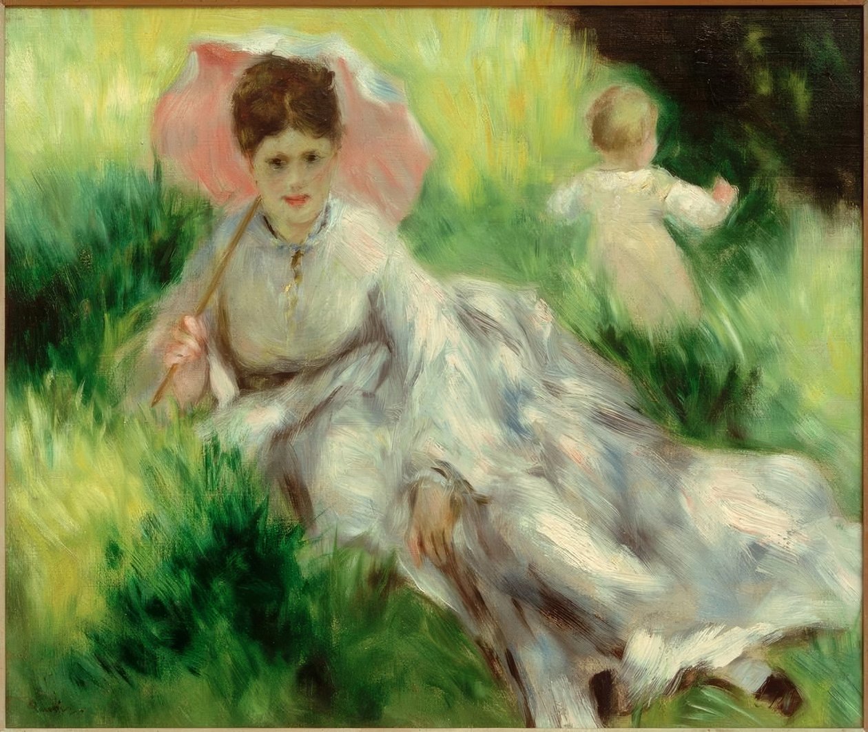Kvinna med ett parasoll och ett barn på en solig sluttning av Pierre Auguste Renoir