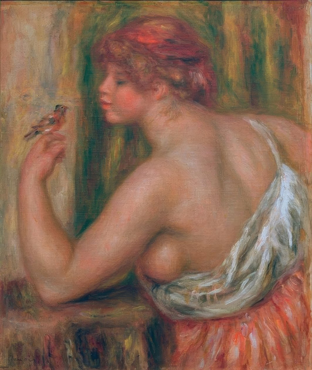 Kvinna med liten fågel av Pierre Auguste Renoir