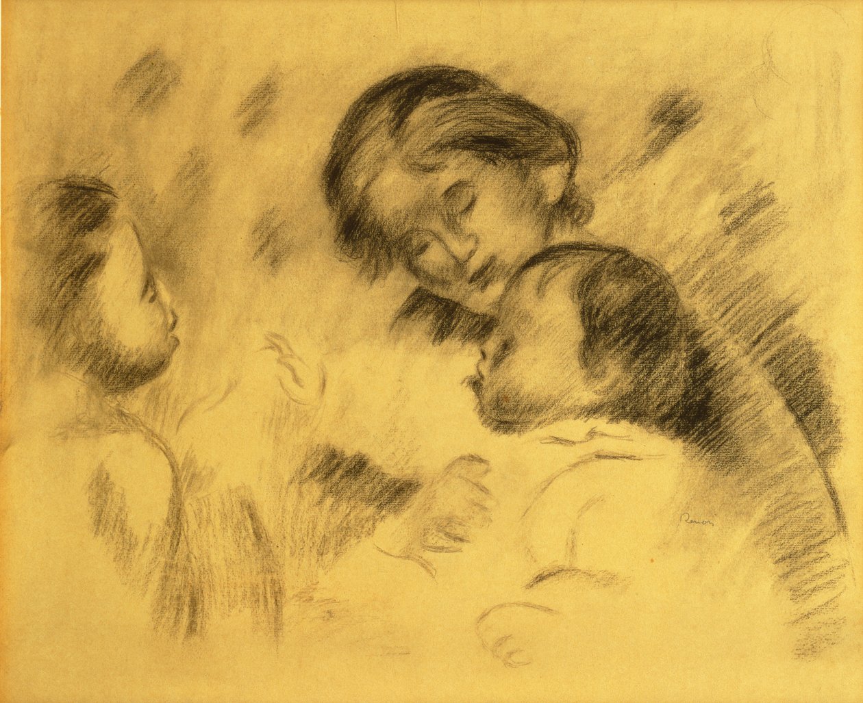 Gabrielle Renard med Jean Renoir och en liten flicka, ca 1895-96 (svart krita ombord) av Pierre Auguste Renoir