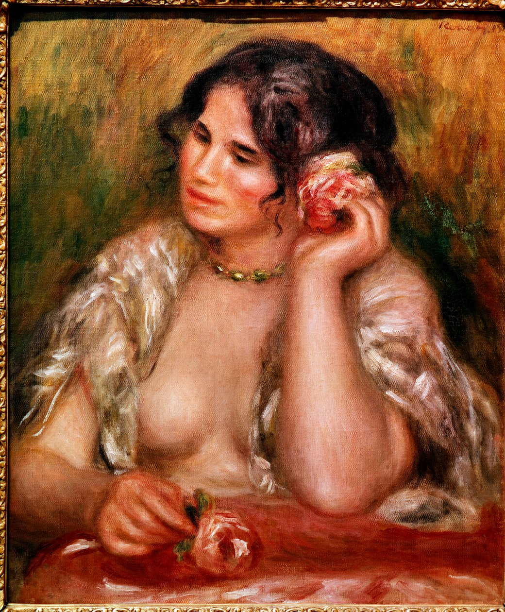 Gabrielle har rosen (olja på duk av Pierre Auguste Renoir