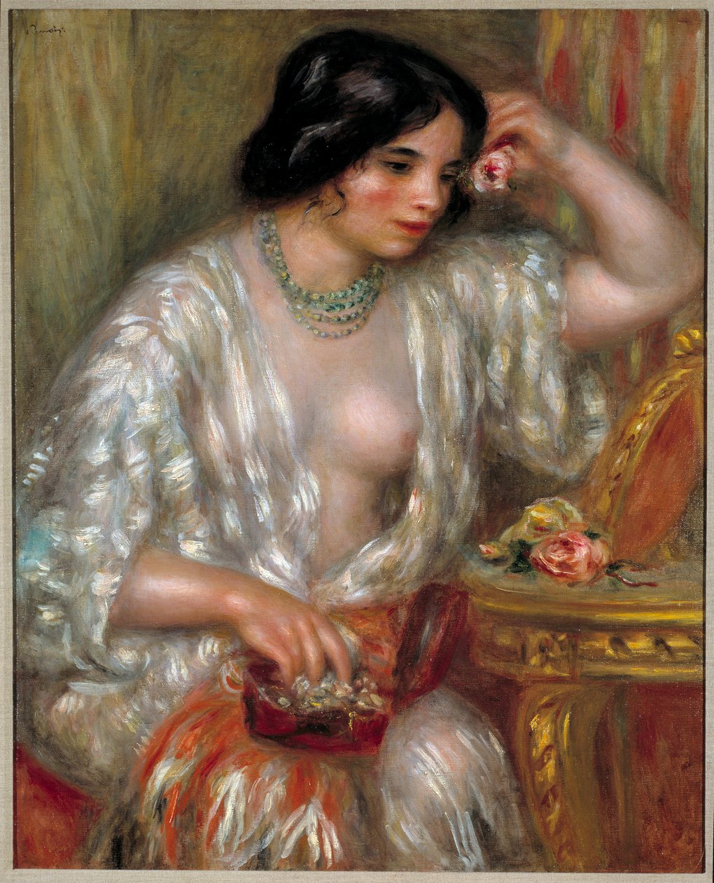 Gabrielle med smycken: Gabrielle Renard, sjuksköterska till konstnärens son. Målning av Pierre Auguste Renoir (1841-1919) av Pierre Auguste Renoir