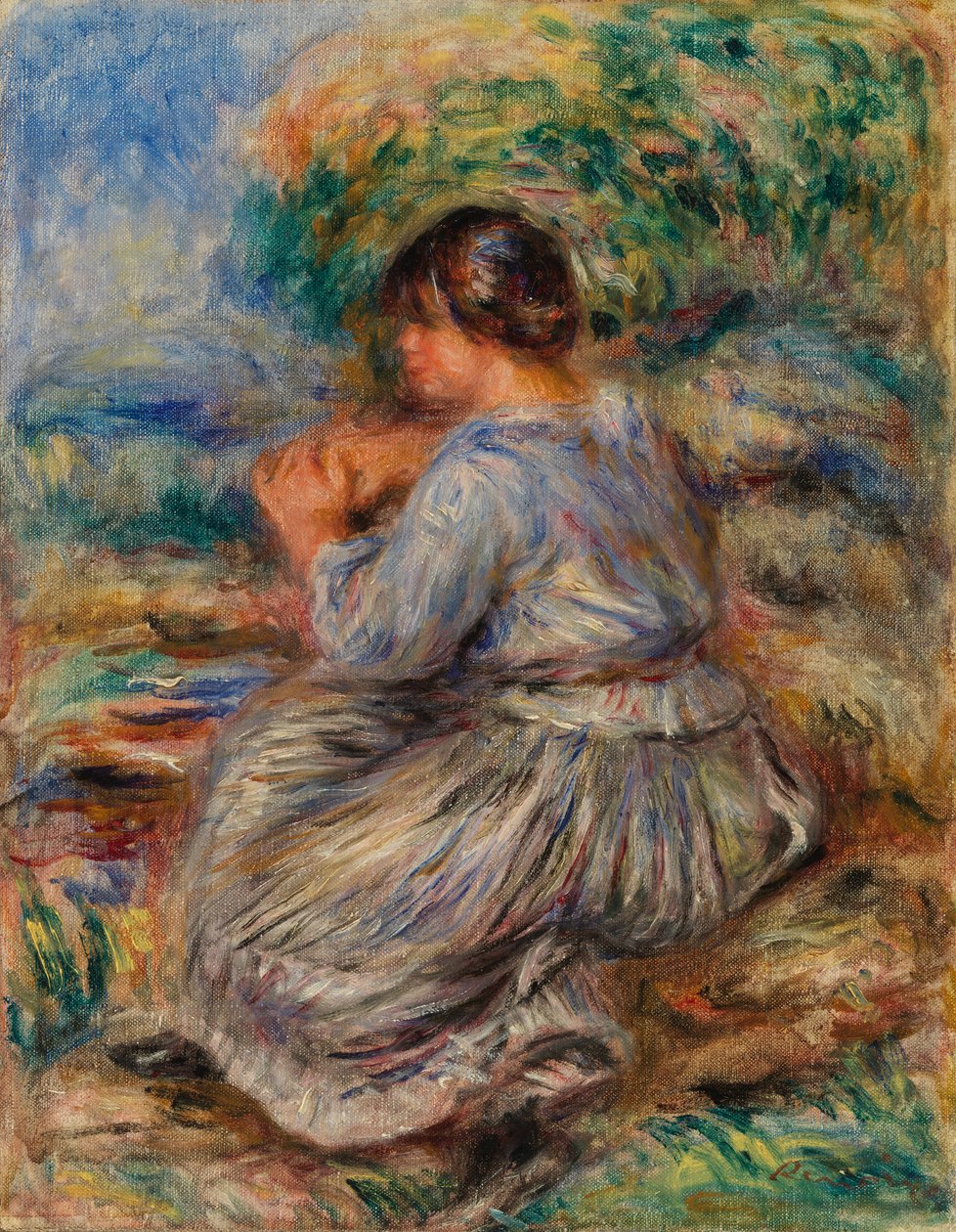 Flicka sitter i ett landskap av Pierre Auguste Renoir
