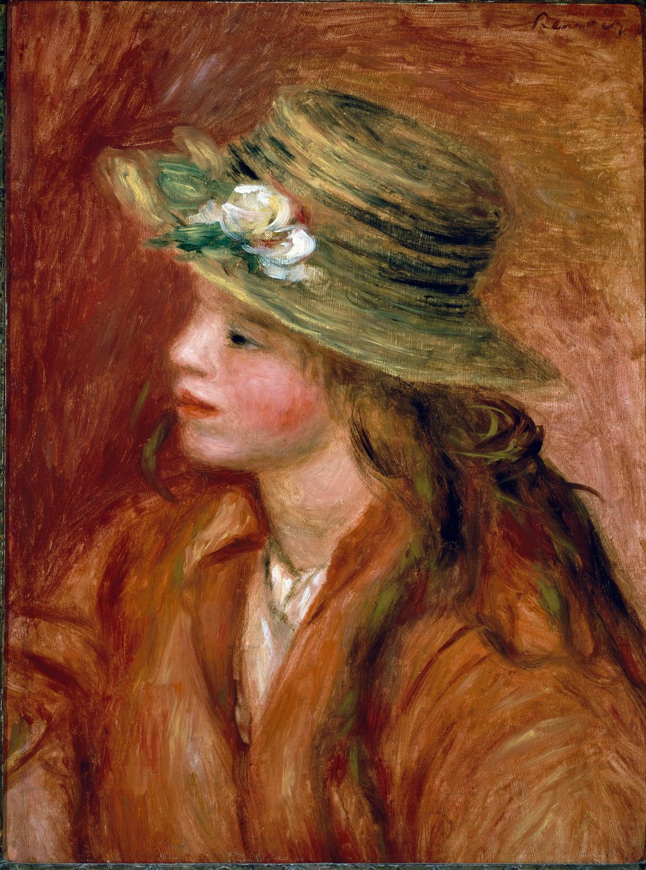 Flicka i en stråhatt. Målning av Pierre Auguste Renoir (Pierre-Auguste av Pierre Auguste Renoir