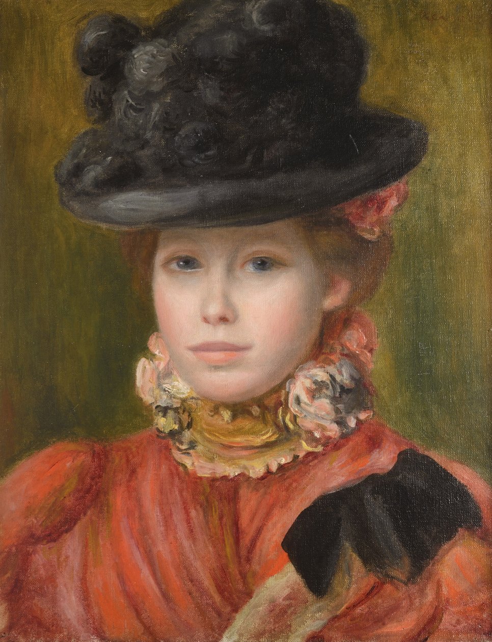 Flicka i svart hatt med röda blommor, ca. 1890 av Pierre Auguste Renoir