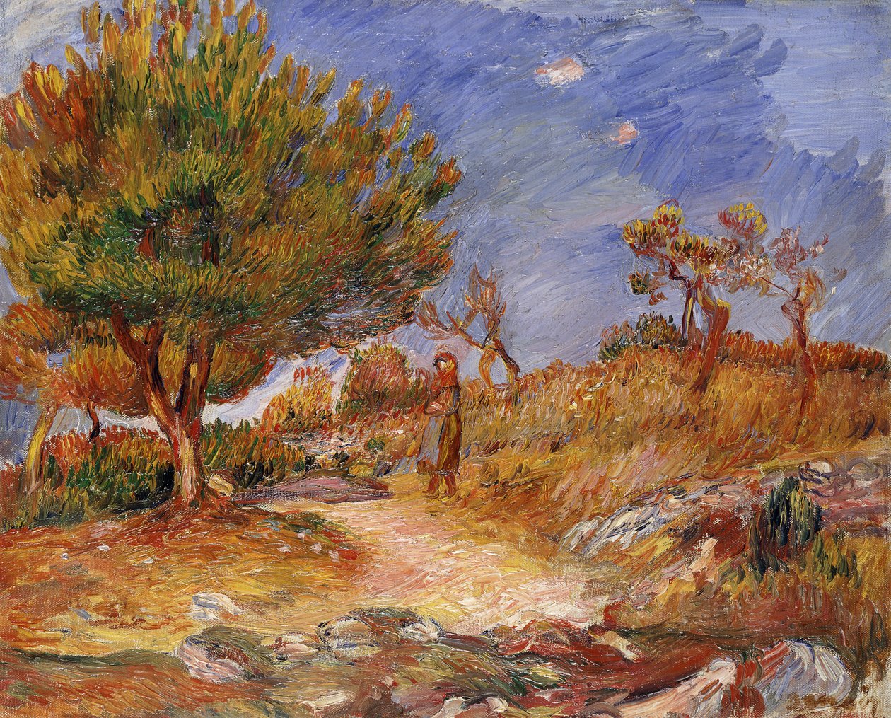 Flicka på en väg; Ung flicka på vägen, ca 1882-83 av Pierre Auguste Renoir