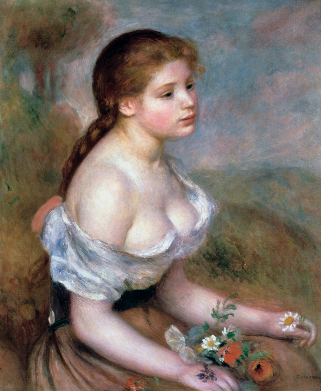 Flicka med blommor, c1900 av Pierre Auguste Renoir