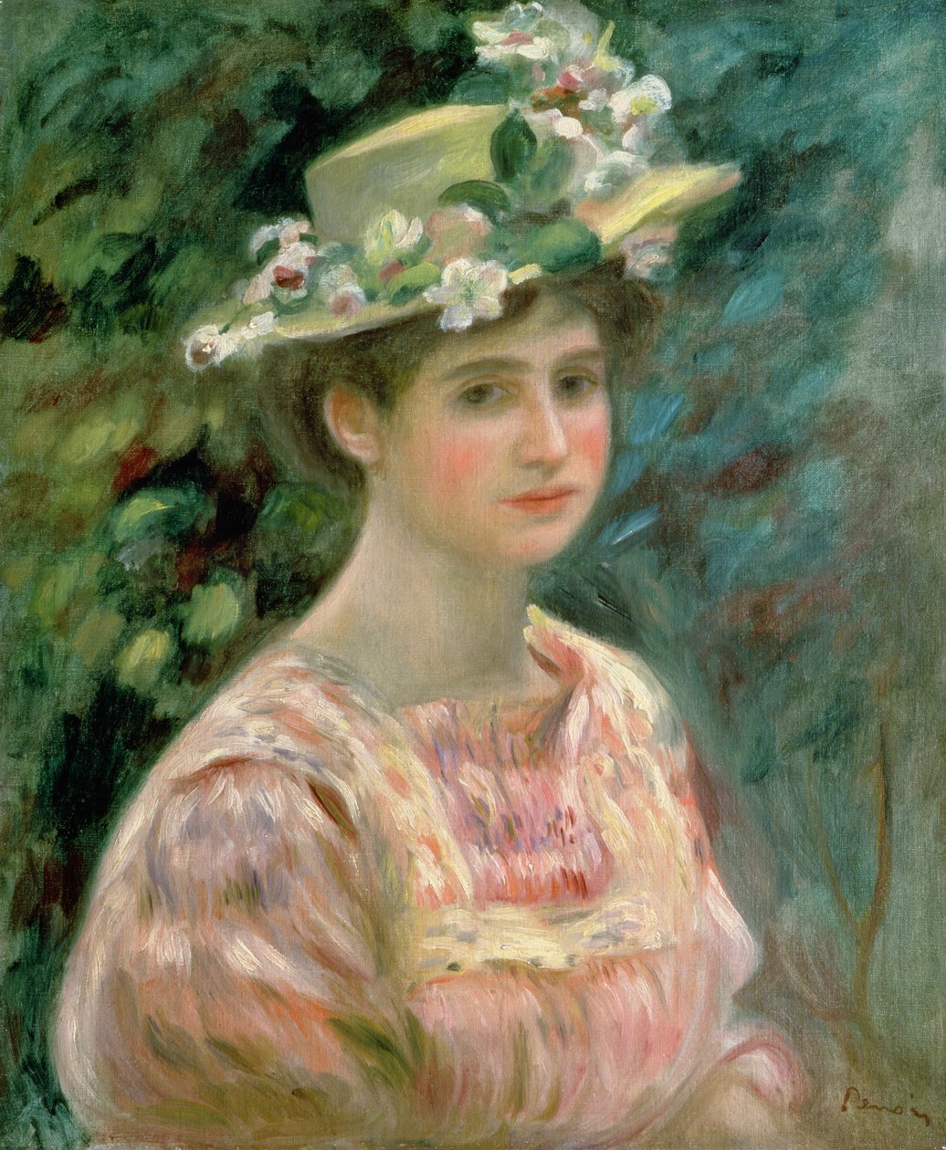 Flicka med eglantiner på sin hatt, ca 1896 av Pierre Auguste Renoir
