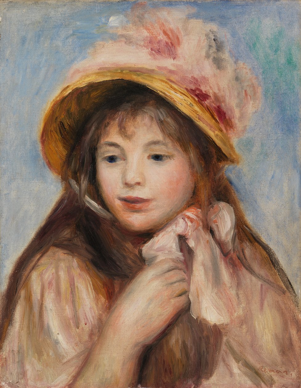 Flicka med rosa motorhuv av Pierre Auguste Renoir
