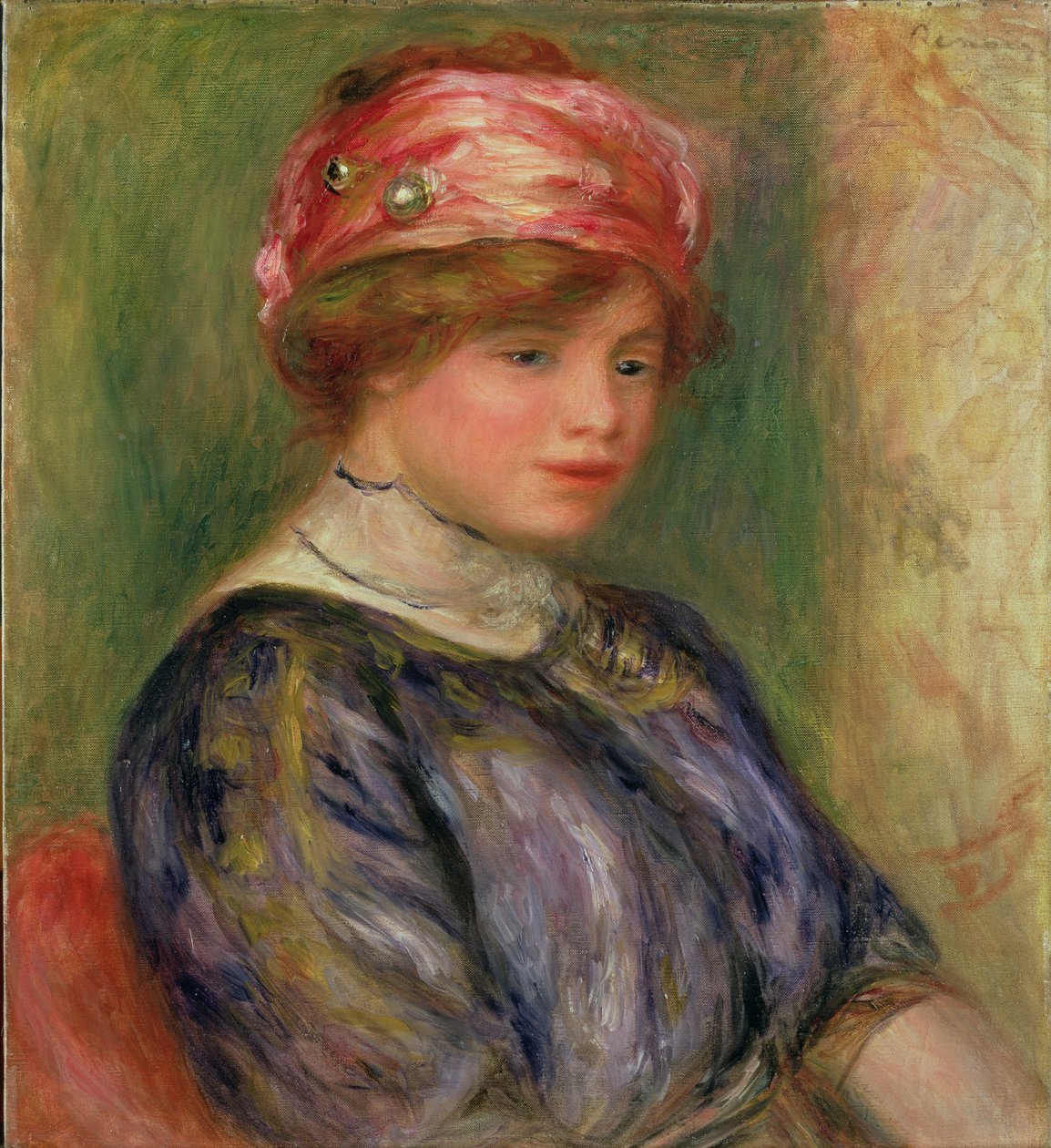 Flicka med en rosa hatt av Pierre Auguste Renoir