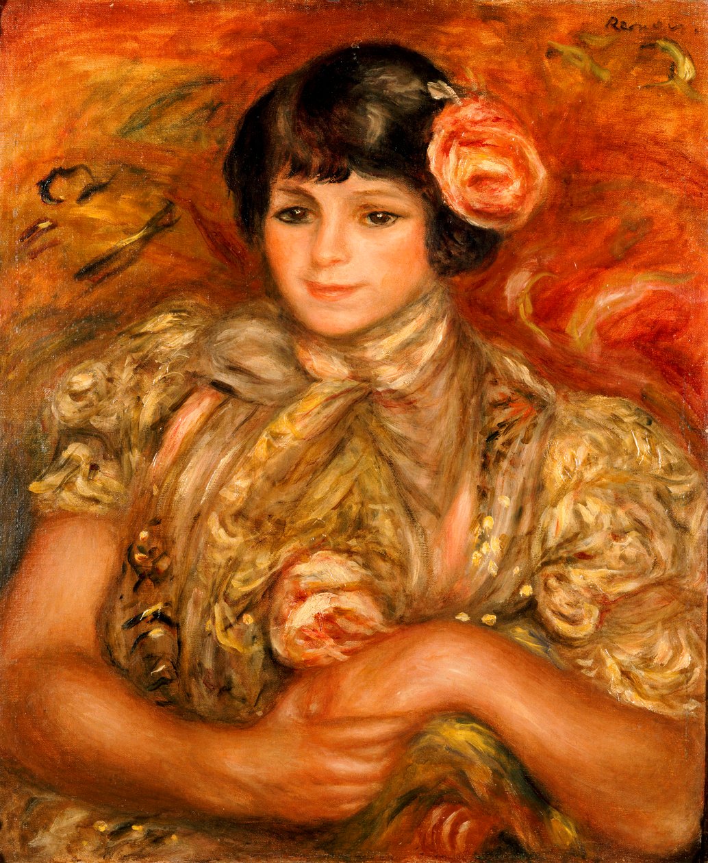 Flicka med en ros (olja på duk) av Pierre Auguste Renoir