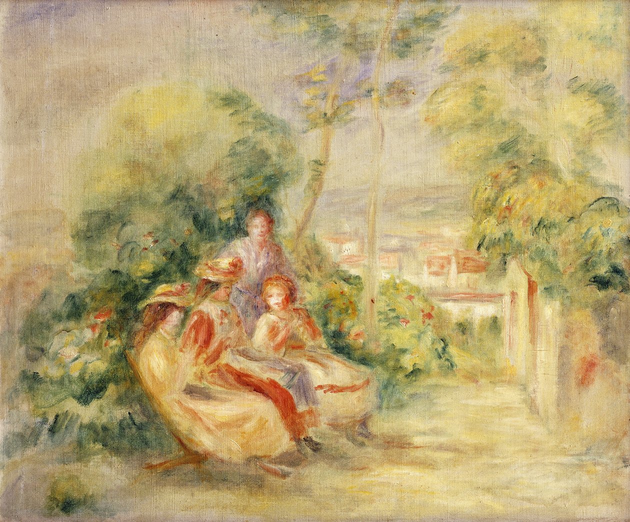 Flickor i en trädgård; Flickor i en trädgård, ca. 1895 av Pierre Auguste Renoir