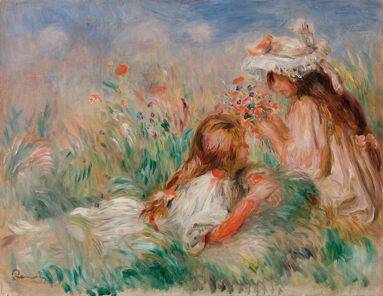 Flickor i gräset som ordnar en bukett av Pierre Auguste Renoir