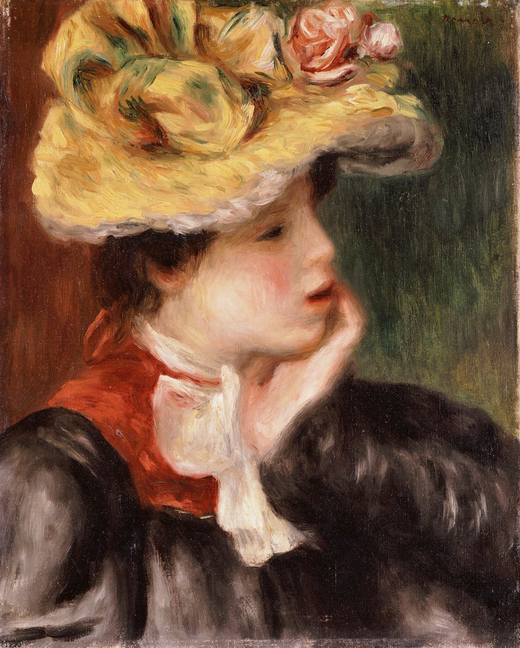 Huvud av en flicka med en gul hatt av Pierre Auguste Renoir