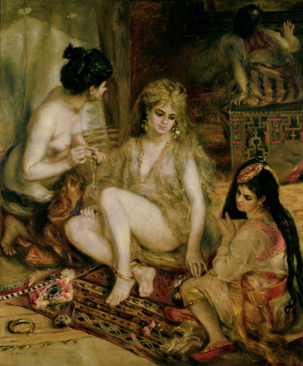 Interiör i ett harem i Montmartre, parisiska kvinnor utklädda till algerier av Pierre Auguste Renoir