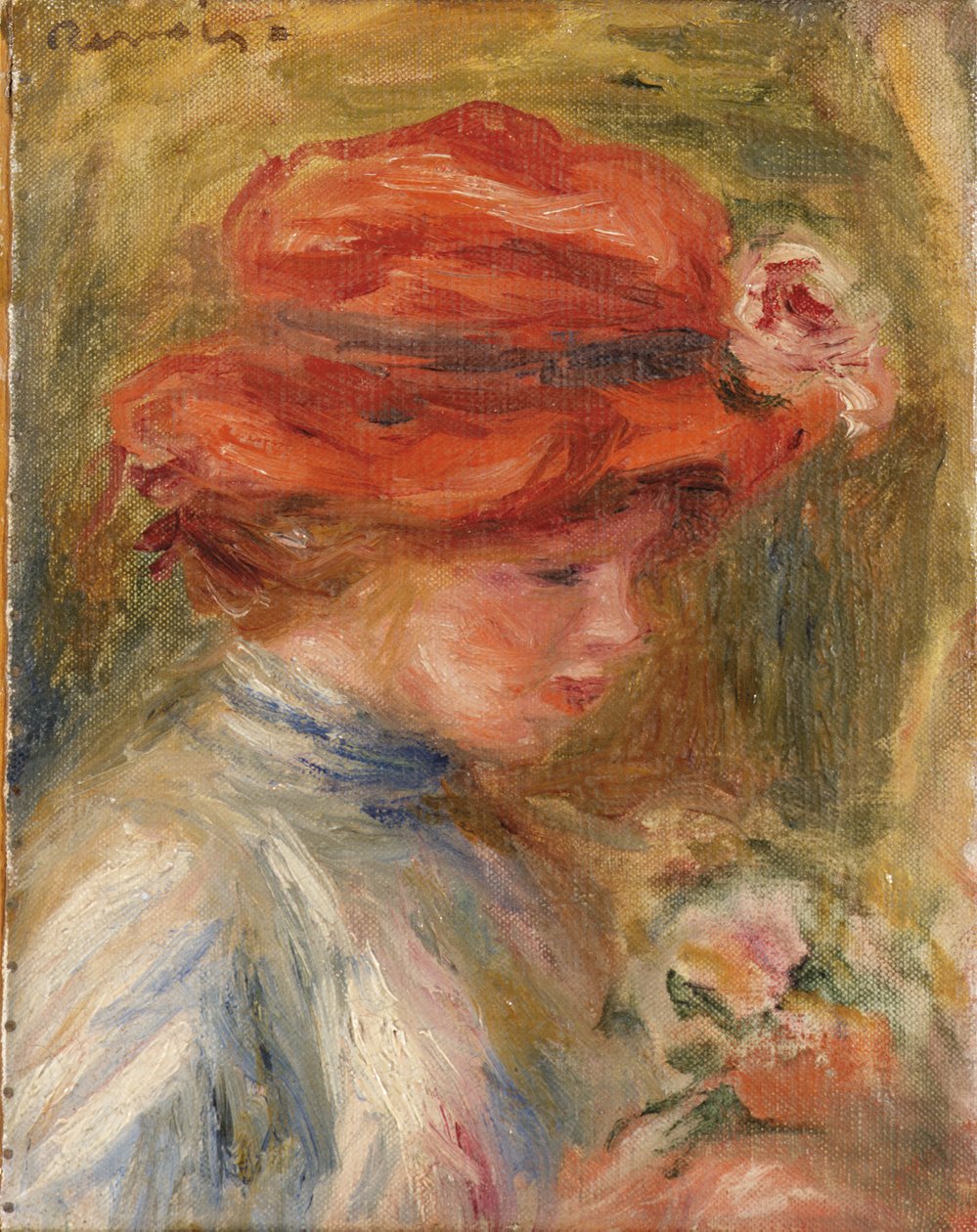 Ung kvinna i röd hatt av Pierre Auguste Renoir