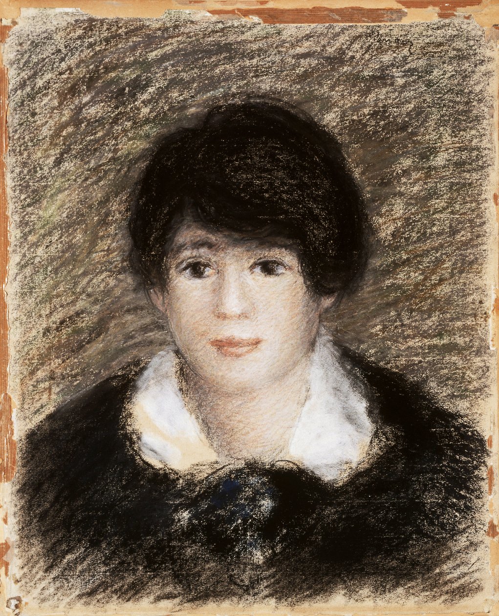 Ung kvinna, ansiktsbild med svart klänning och vit krage. Teckning av Pierre Auguste (Pierre-Auguste) Renoir (1841-1919) av Pierre Auguste Renoir