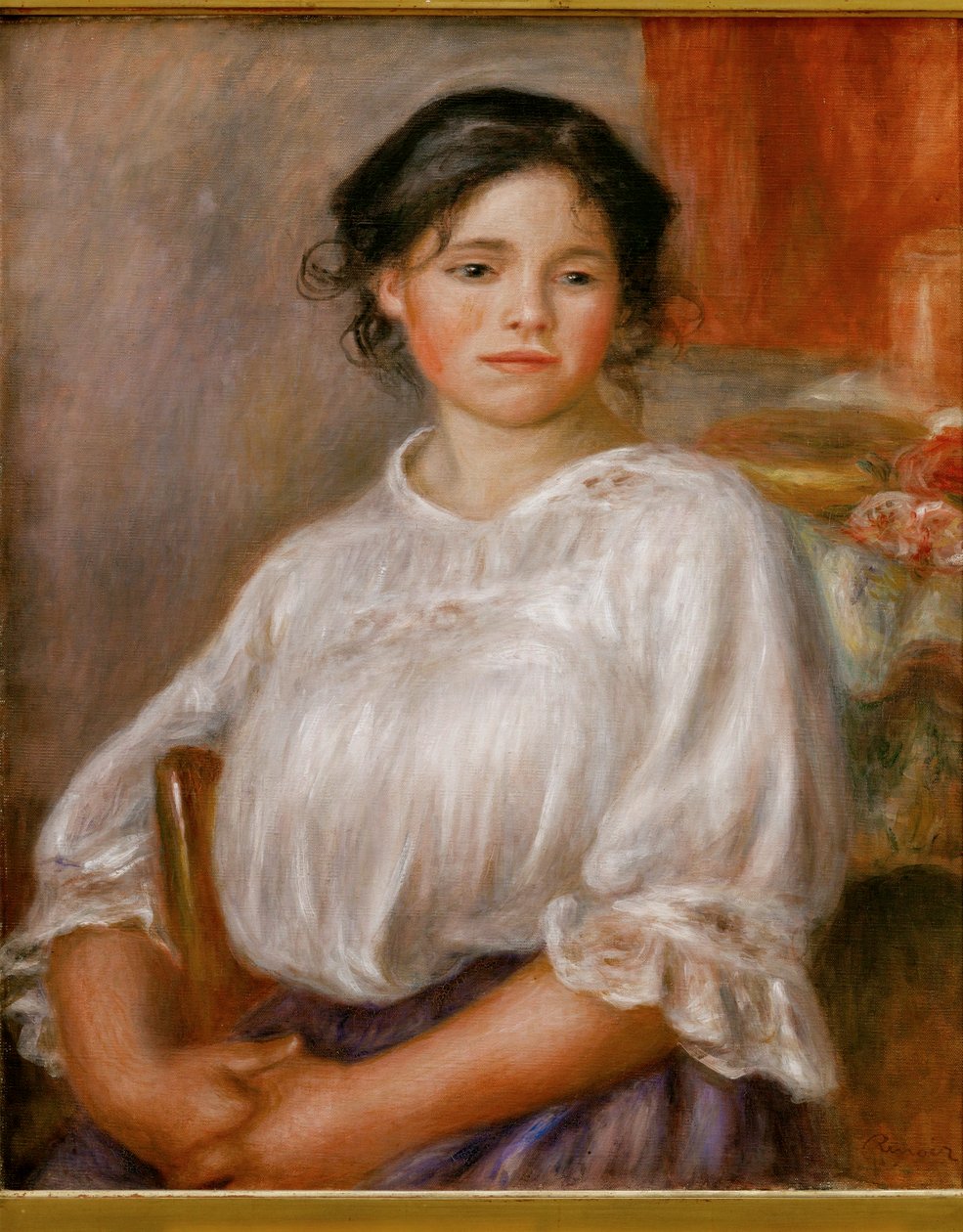 Jeune fille assise (olja på duk) av Pierre Auguste Renoir