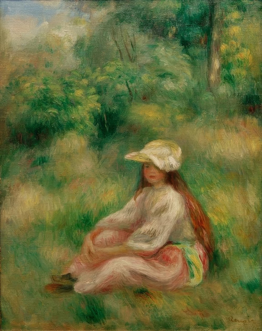 Flicka i rosa i ett landskap av Pierre Auguste Renoir
