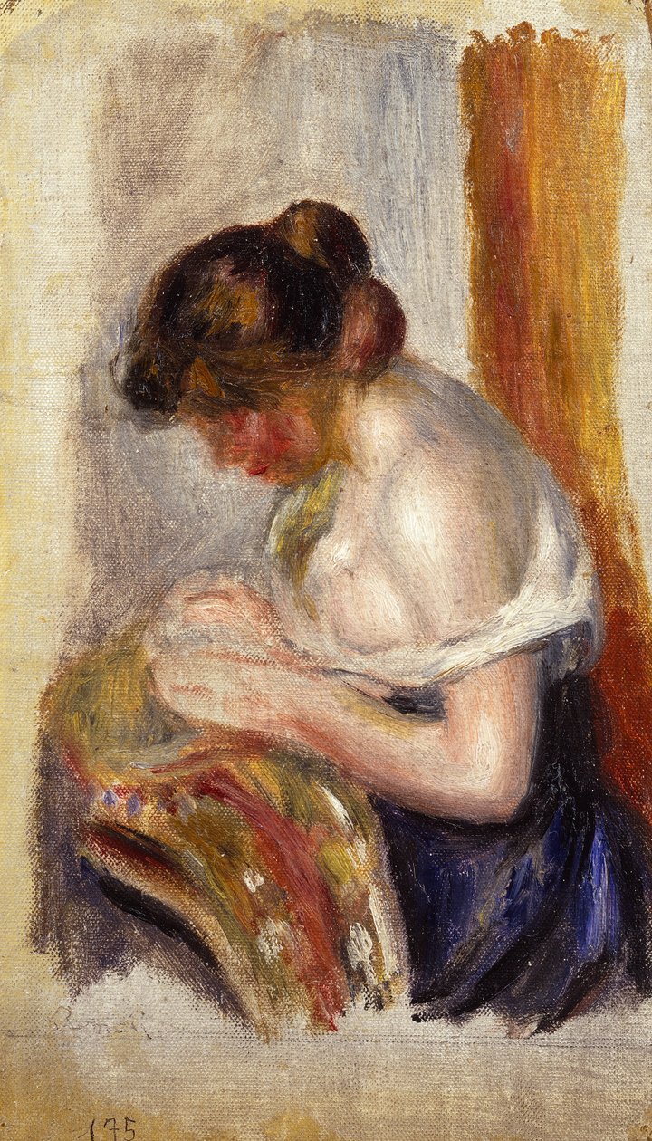 La Couseuse (olja på duk) av Pierre Auguste Renoir
