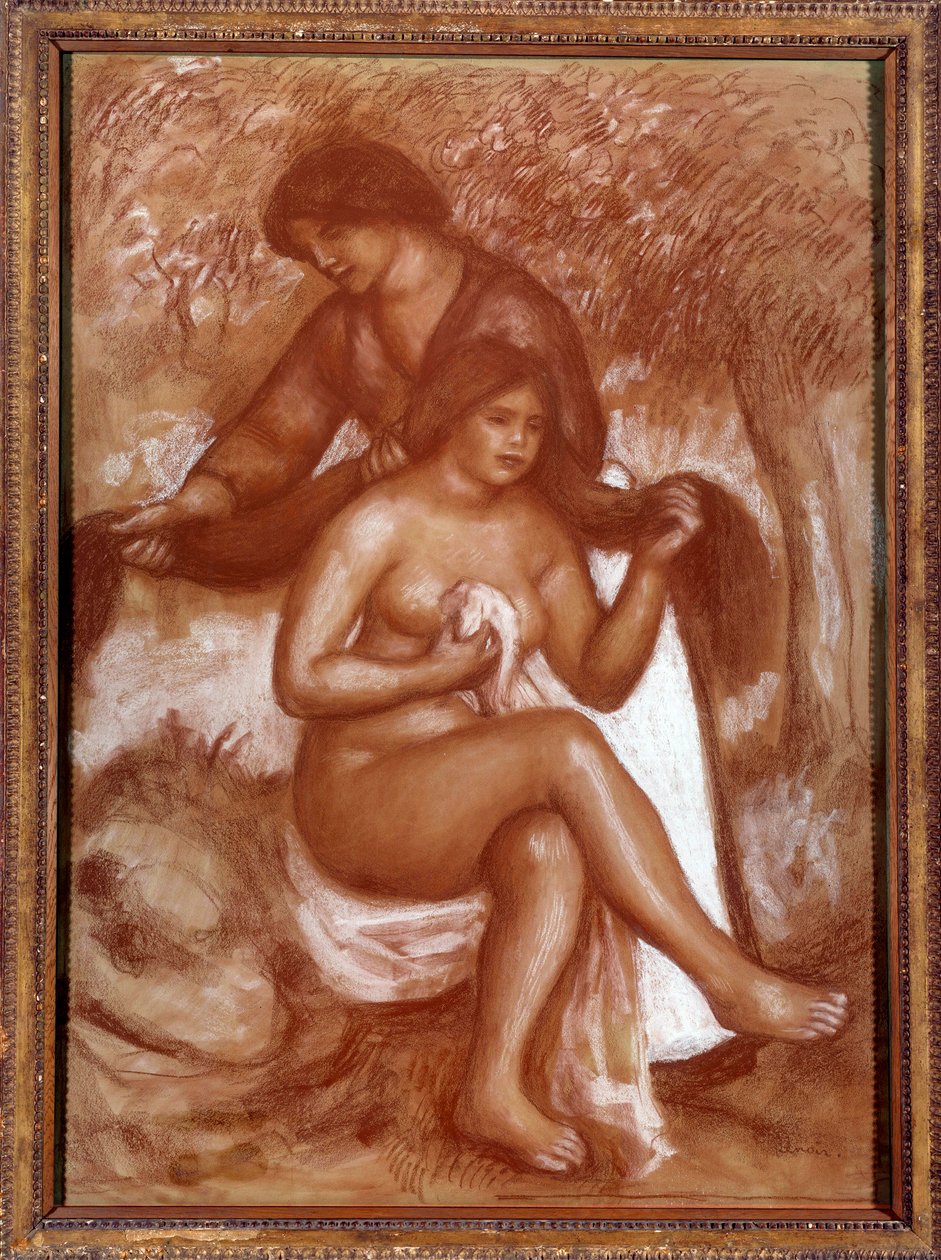 Frisyren eller toaletten på badet Ritning i blod och vit chalaie av Pierre Auguste Renoir av Pierre Auguste Renoir