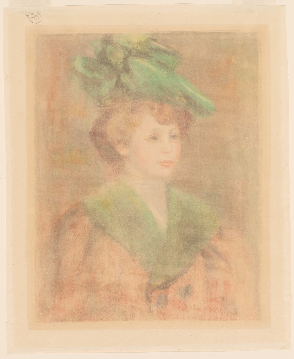 Dam med grön hatt Mlle. Dieterle, sent 1800-tidigt 1900-tal. av Pierre Auguste Renoir