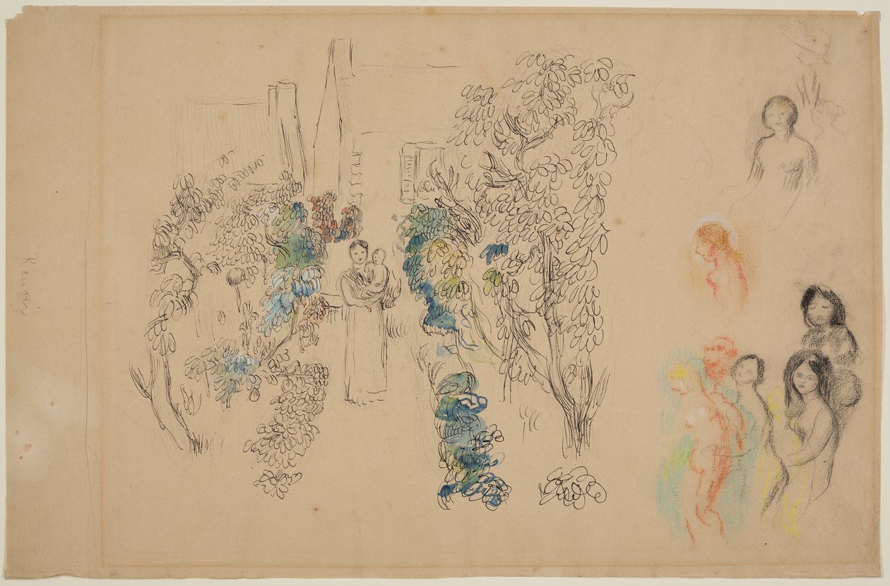 Landskap och figurer (penna, bläck, wc och krita på papper) av Pierre Auguste Renoir