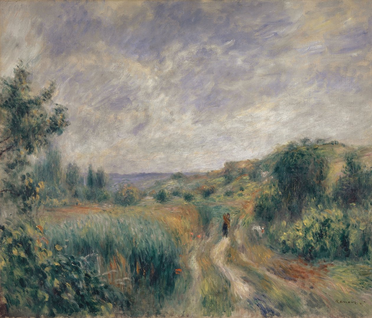 Landskap nära Essoyes Landskap med två figurer på gräset, 1892. av Pierre Auguste Renoir