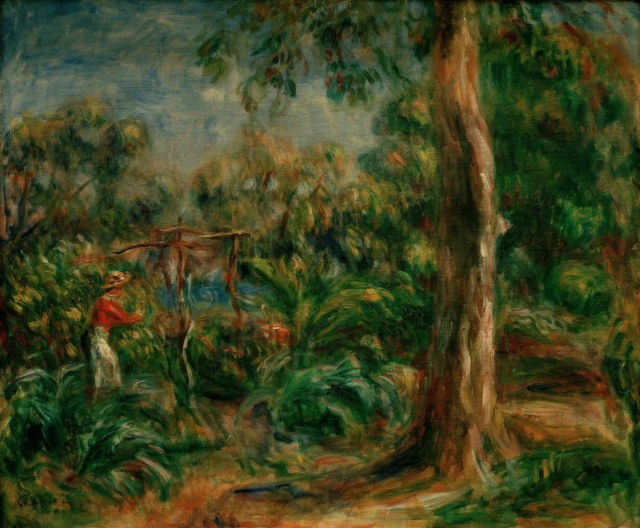 Det stora trädet. Kvinna med rött livstycke i trädgården i Ca av Pierre Auguste Renoir