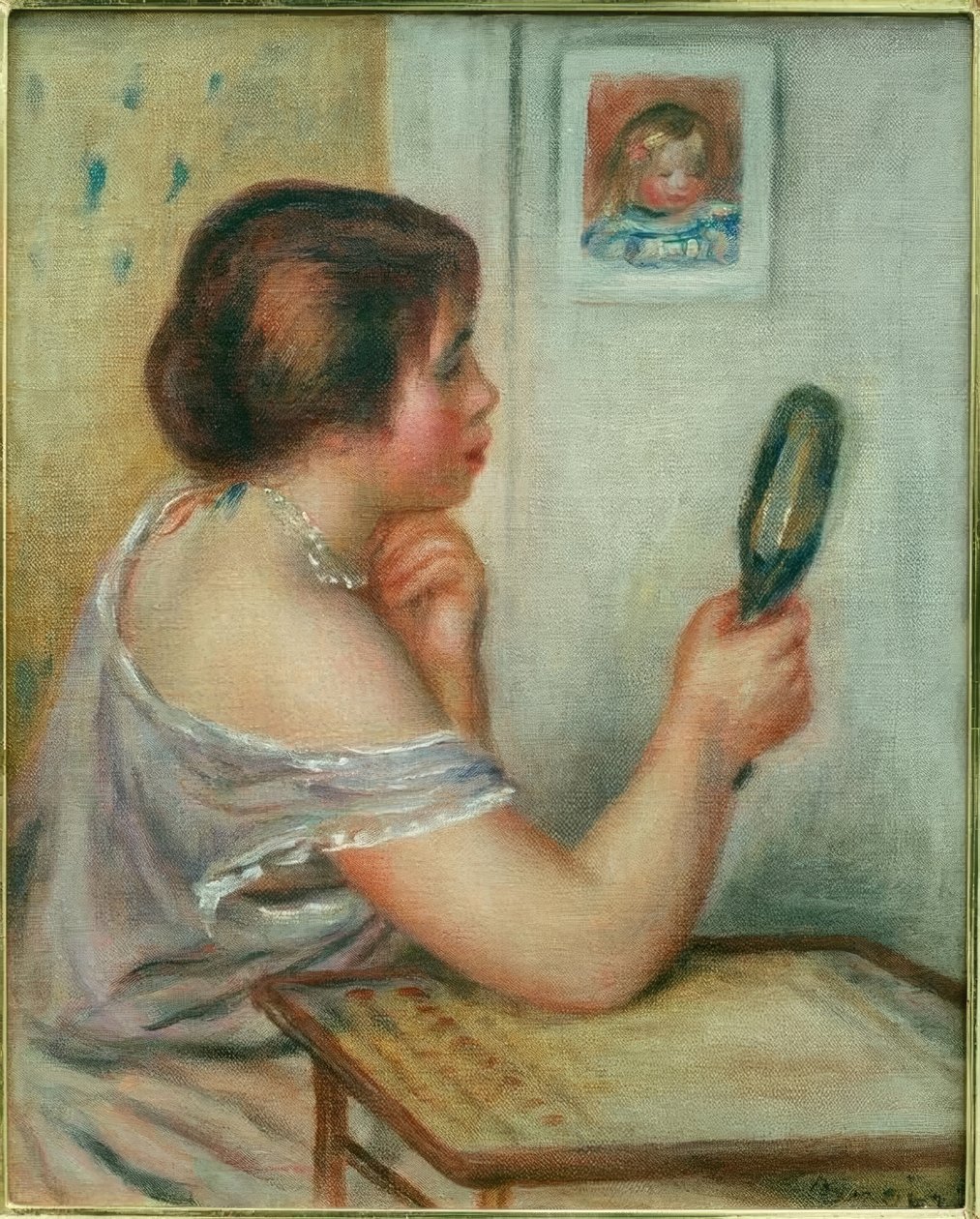 Marie Dupuis håller i en spegel med ett porträtt av Coco av Pierre Auguste Renoir