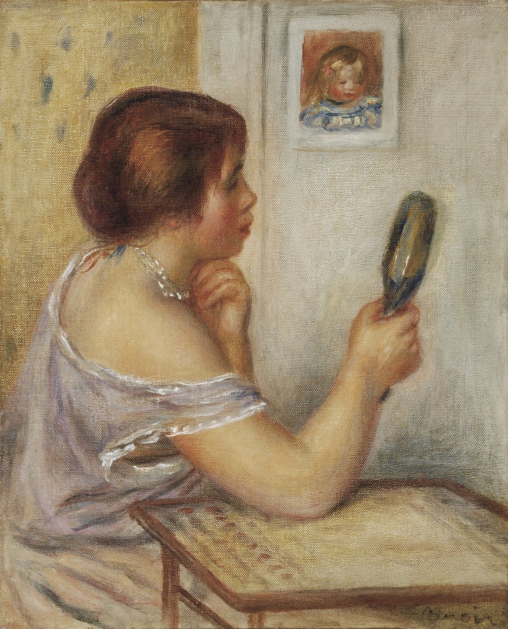 Marie Dupuis håller i en spegel med ett porträtt av Coco av Pierre Auguste Renoir