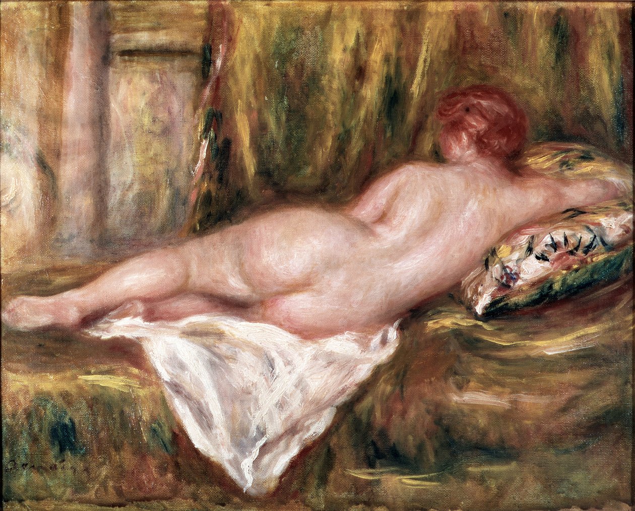 Naket lager sett från ryggen eller vila efter badet (olja på duk av Pierre Auguste Renoir