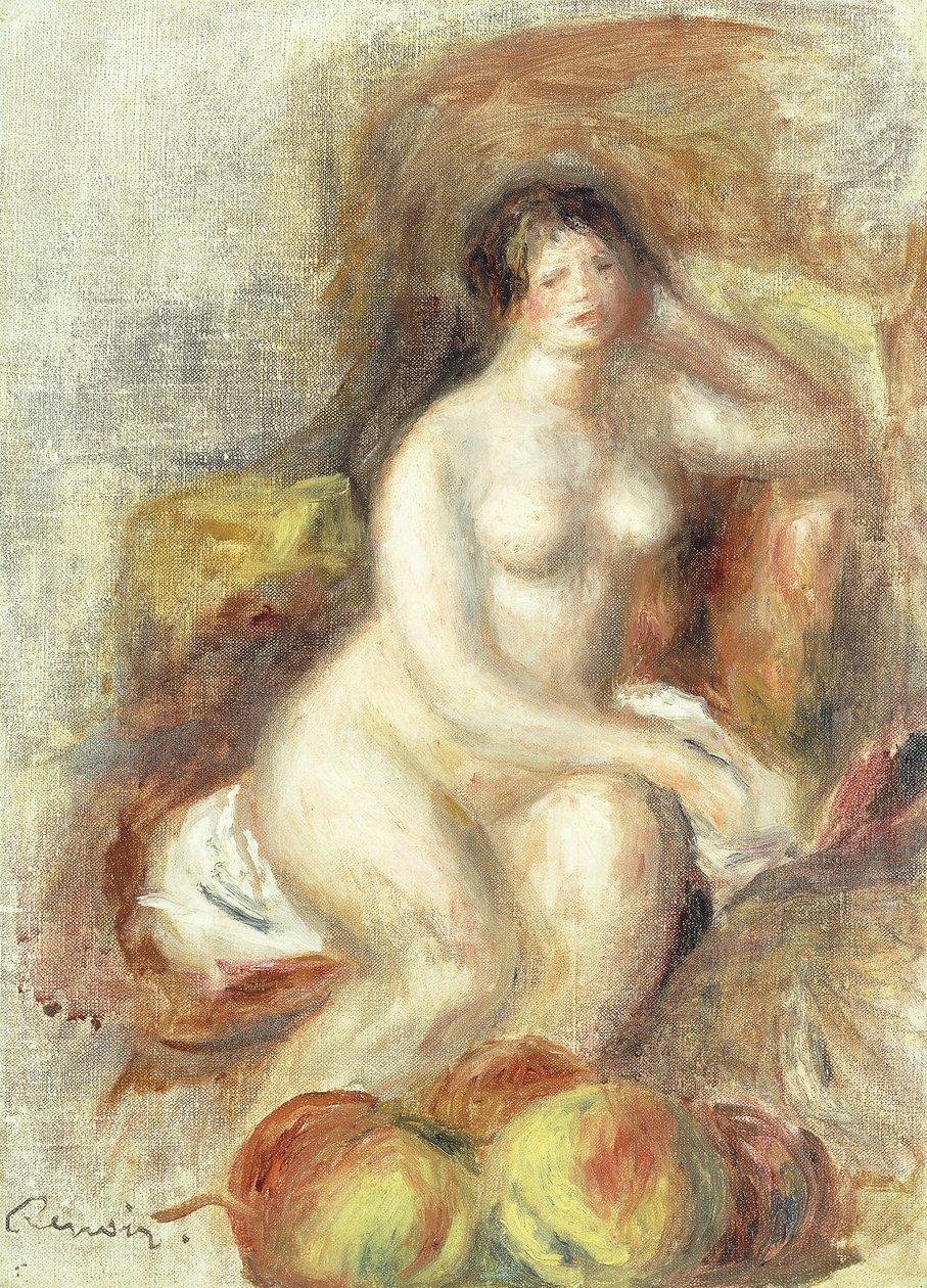 Naken kvinna sitter med äpplen; Sittande naken kvinna och äpplen, ca 1908 av Pierre Auguste Renoir