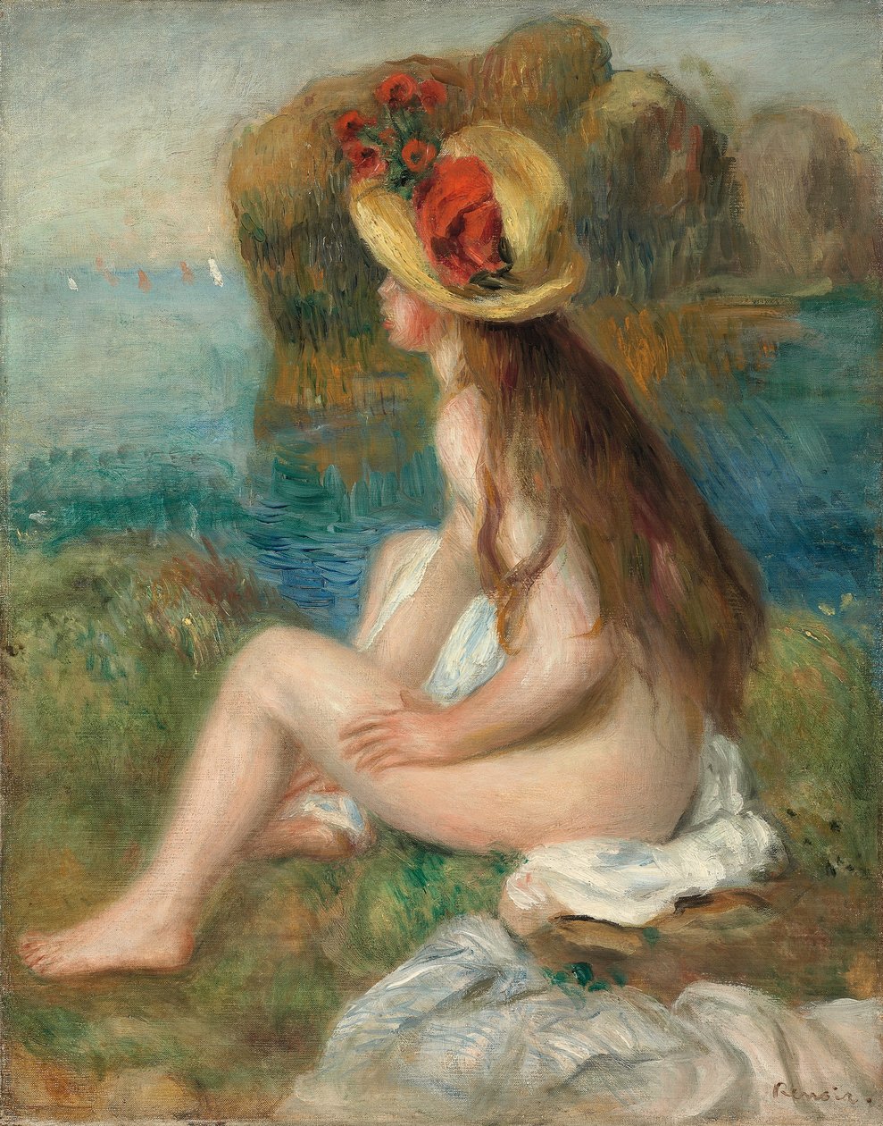 Naken med en stråhatt vid havet, 1892 av Pierre Auguste Renoir