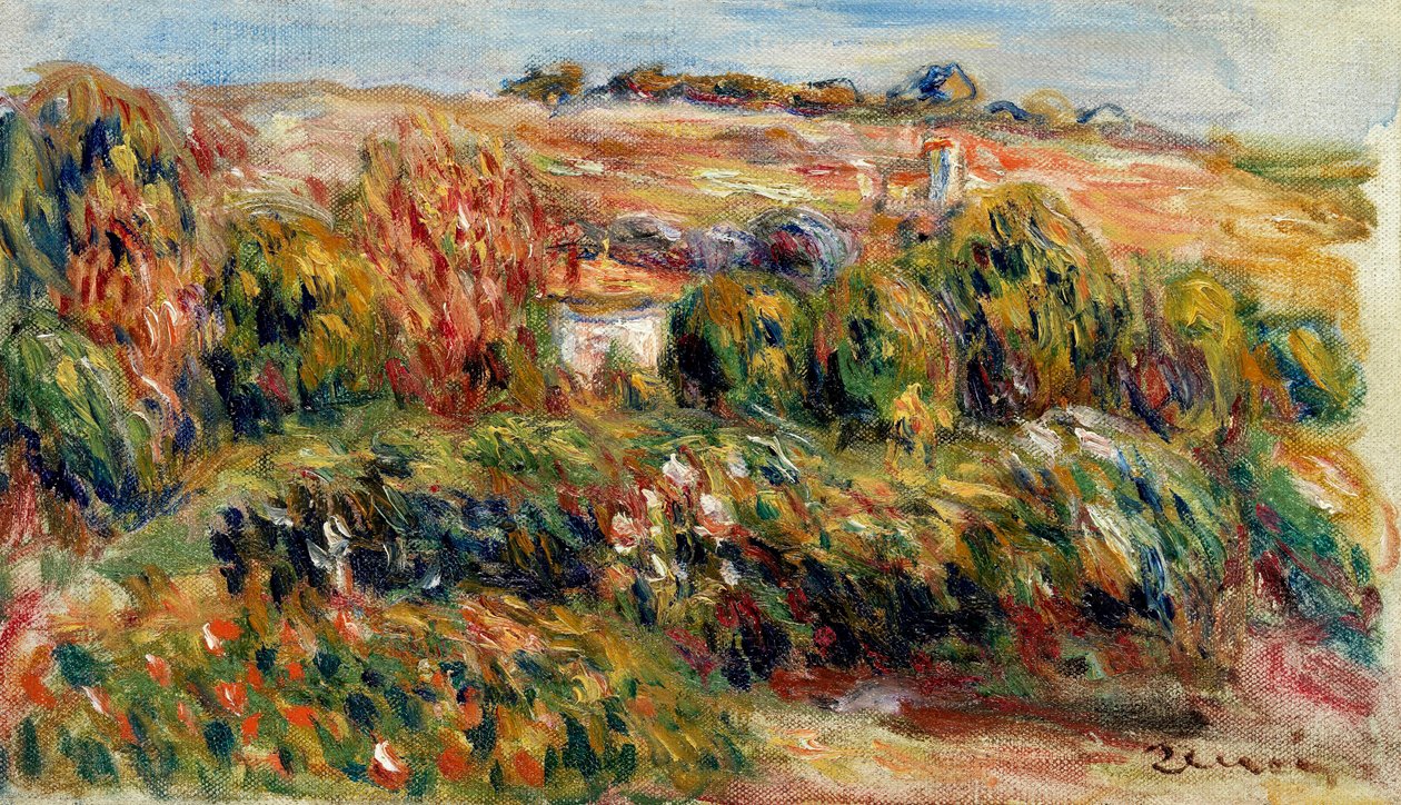 Landskap i Provence (Frankrike). Målning av Pierre Auguste Renoir (1841-1919), olja på duk, omkring 1900. Fransk konst, 1900-tal, impressionism. Privat samling. av Pierre Auguste Renoir