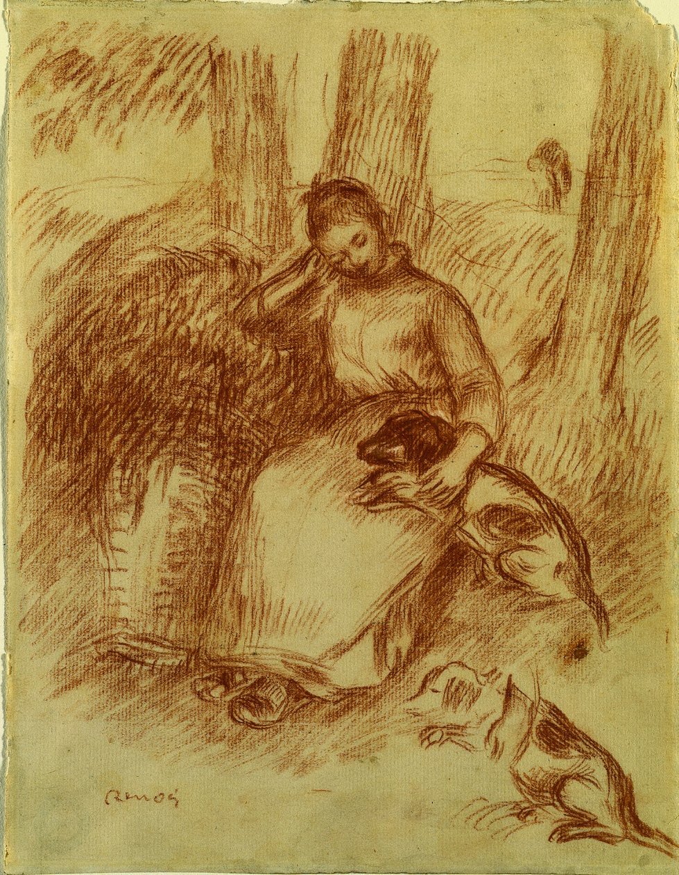 Bondflicka med hund av Pierre Auguste Renoir