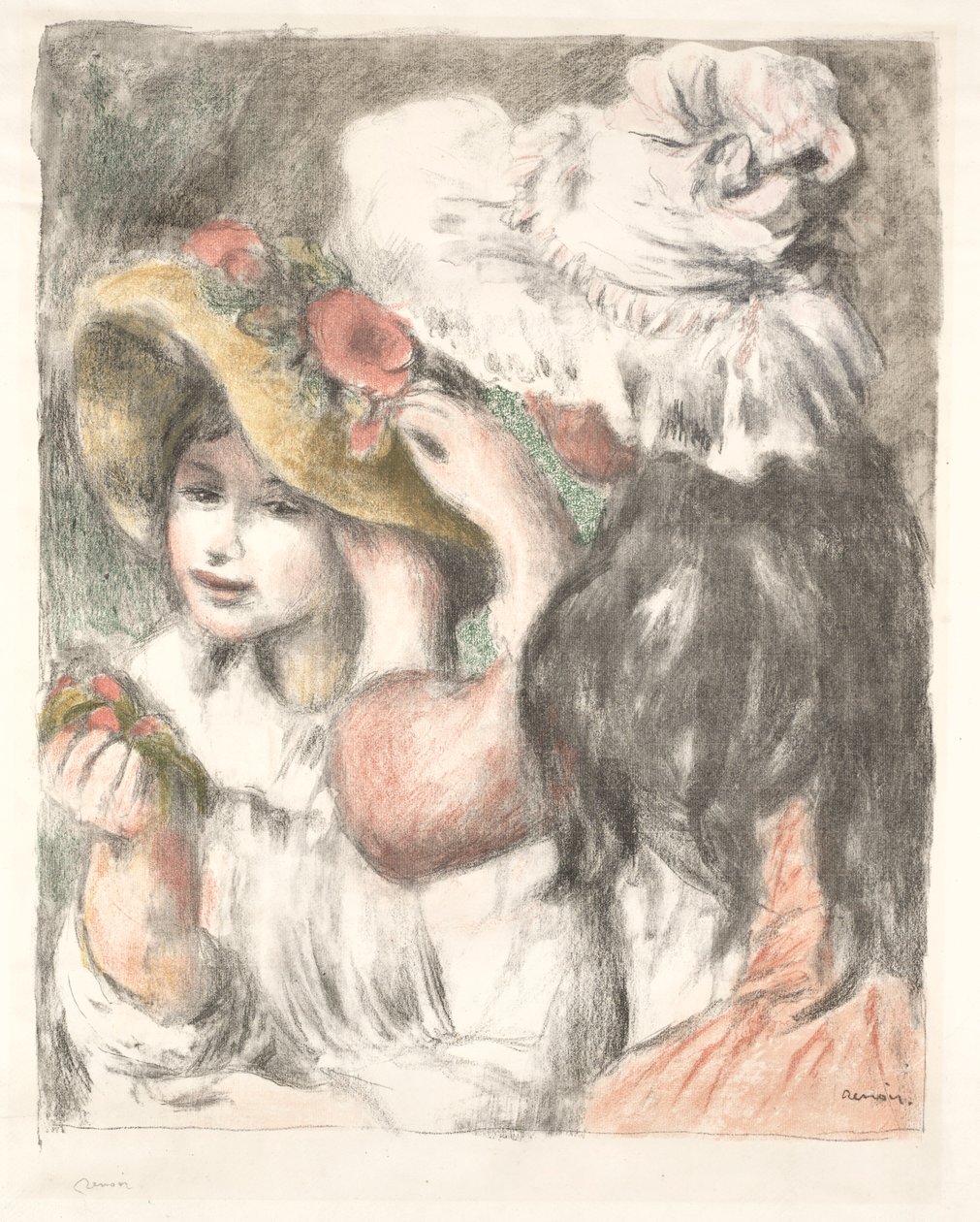Pinning the Hat, c. 1898. av Pierre Auguste Renoir
