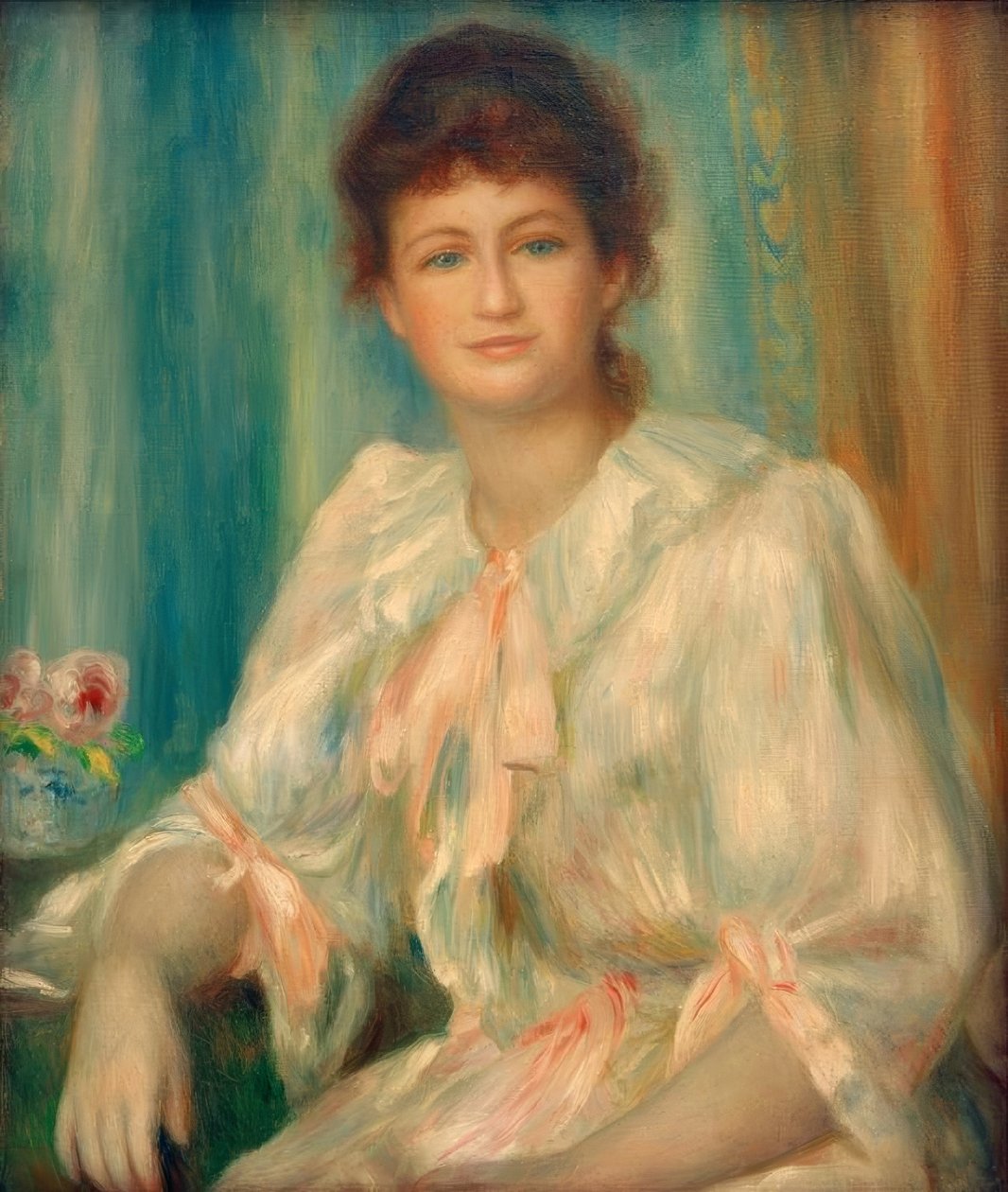 Porträtt av en ung kvinna i vitt av Pierre Auguste Renoir