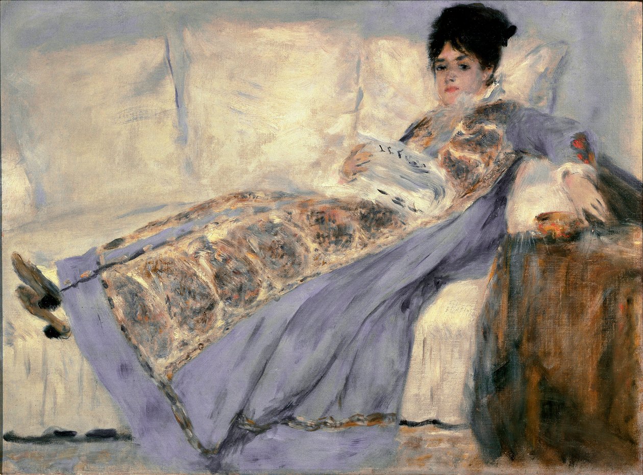 Porträtt av Madame Monet (Camille Madame Monet som läser tidningen "" Le Figaro") - Målning av Pierre Auguste Renoir (Pierre-Auguste av Pierre Auguste Renoir