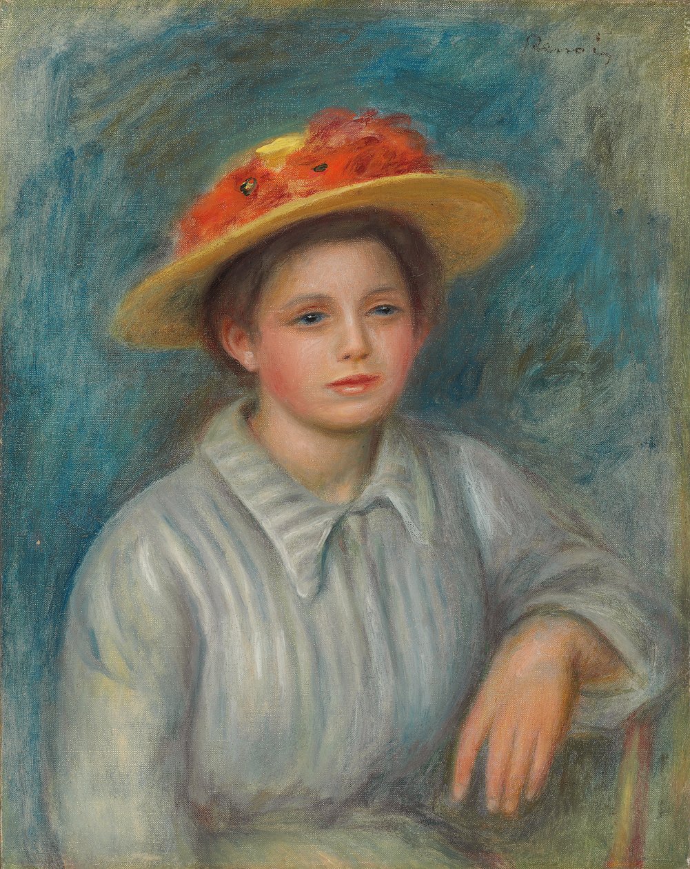 Porträtt av en kvinna med en hatt med blommor; Porträtt av en kvinna i en blommig hatt, c.1890 av Pierre Auguste Renoir