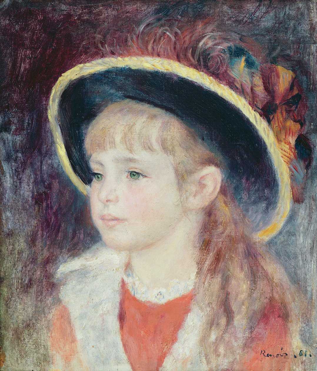 Porträtt av en ung flicka i en blå hatt, 1881 av Pierre Auguste Renoir