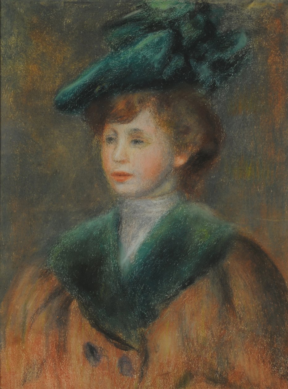 Porträtt av en ung kvinna med grön hatt. av Pierre Auguste Renoir