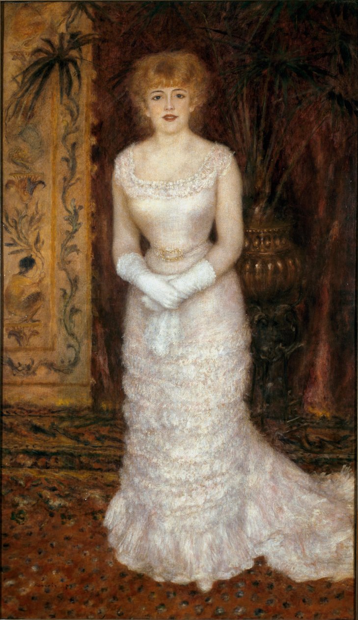 Porträtt av skådespelerskan Jeanne Samary (1857-1890) till fots. Målning av Pierre Auguste Renoir (Pierre-Auguste av Pierre Auguste Renoir