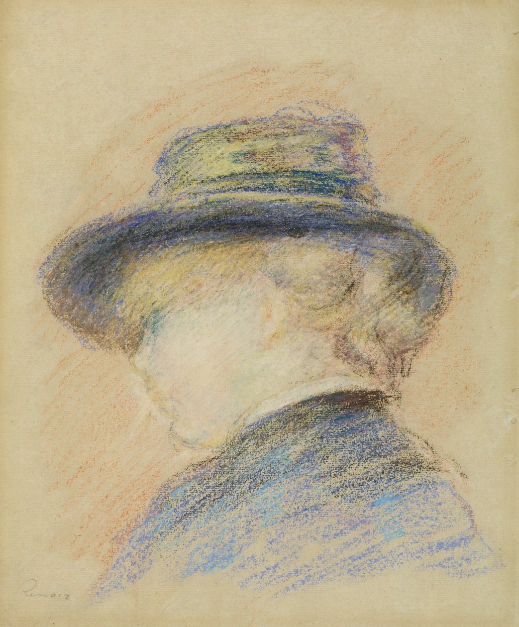 Profil av en ung kvinna i en blå hatt (pastell på papper) av Pierre Auguste Renoir