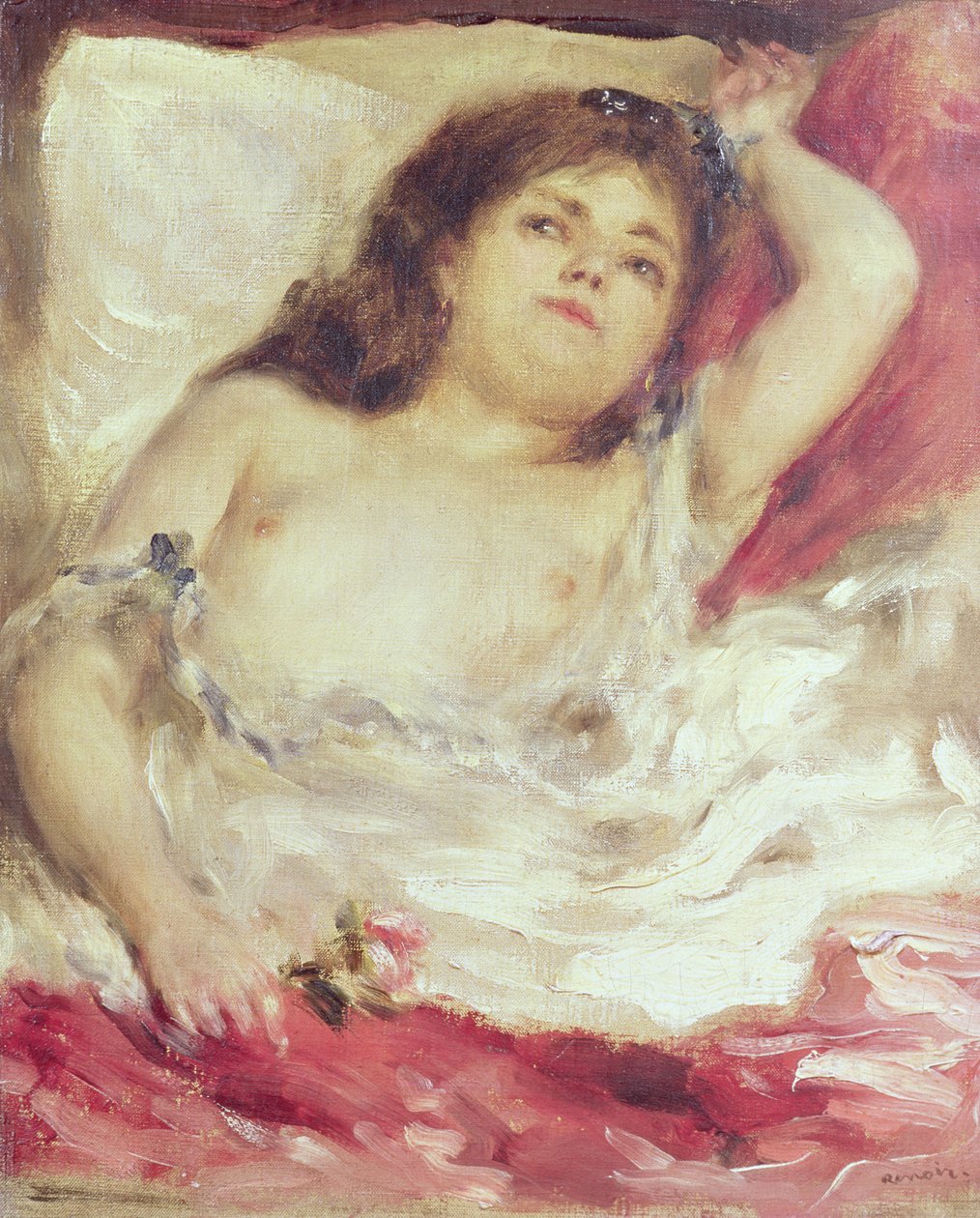 Semi-Nude Woman in Bed: The Rose, före 1872 (olja på duk) av Pierre Auguste Renoir