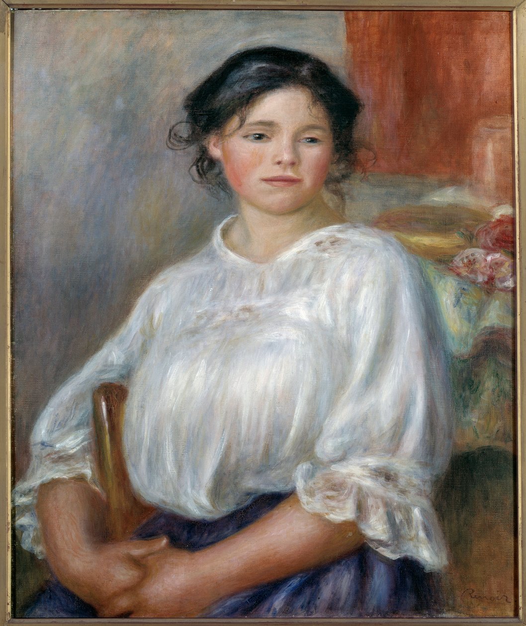 Sittande ung flicka. Omkring 1909. Målning av Pierre Auguste Renoir (1841-1919) av Pierre Auguste Renoir