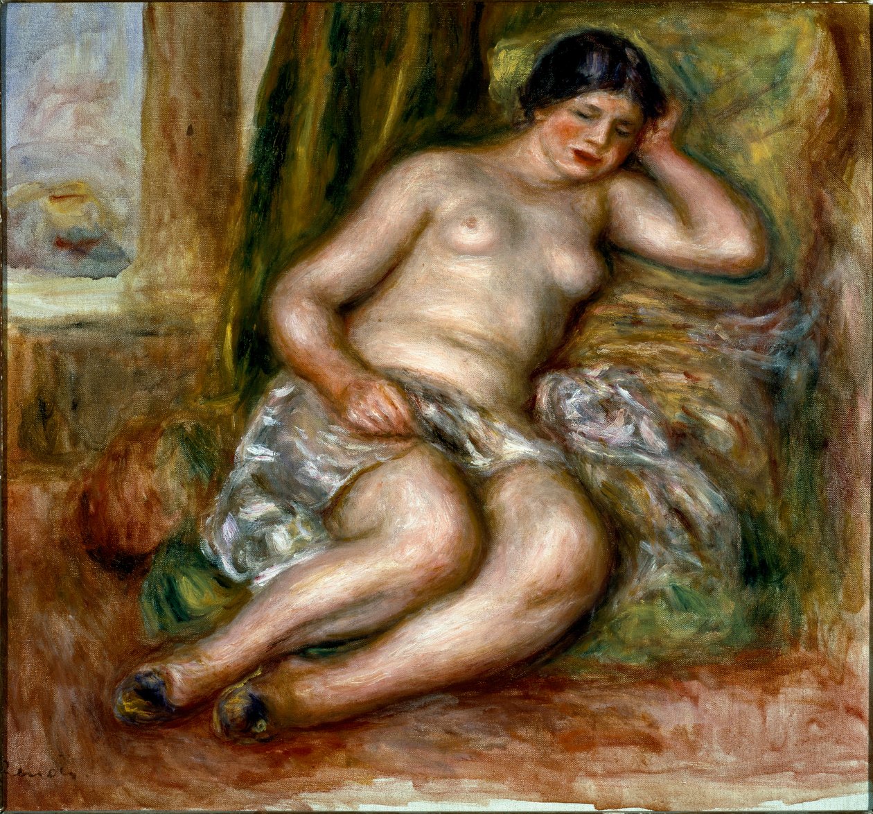 Sova odalisque eller tofflor Odalisque. Målning av Pierre Auguste Renoir (Pierre-Auguste av Pierre Auguste Renoir