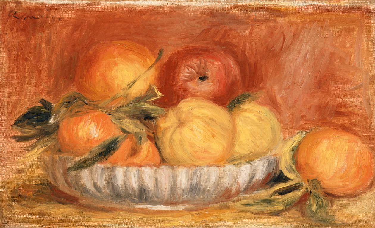 Stilleben med äpplen och apelsiner; Nature Morte aux pommes et apelsiner, sent 1890-tal av Pierre Auguste Renoir