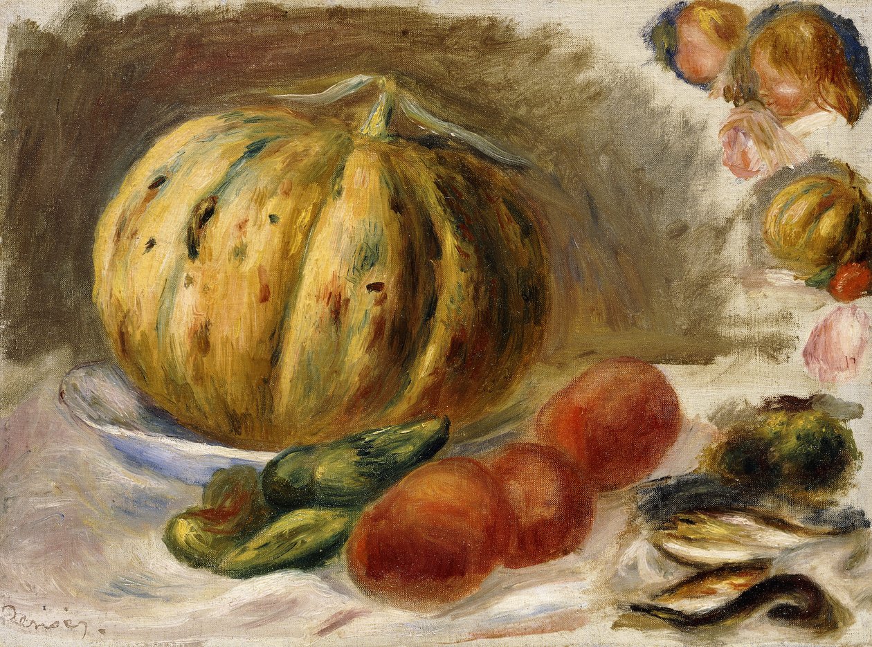 Stilleben med melon och tomater; Nature Morte au Melon et Tomates, c.1900 av Pierre Auguste Renoir